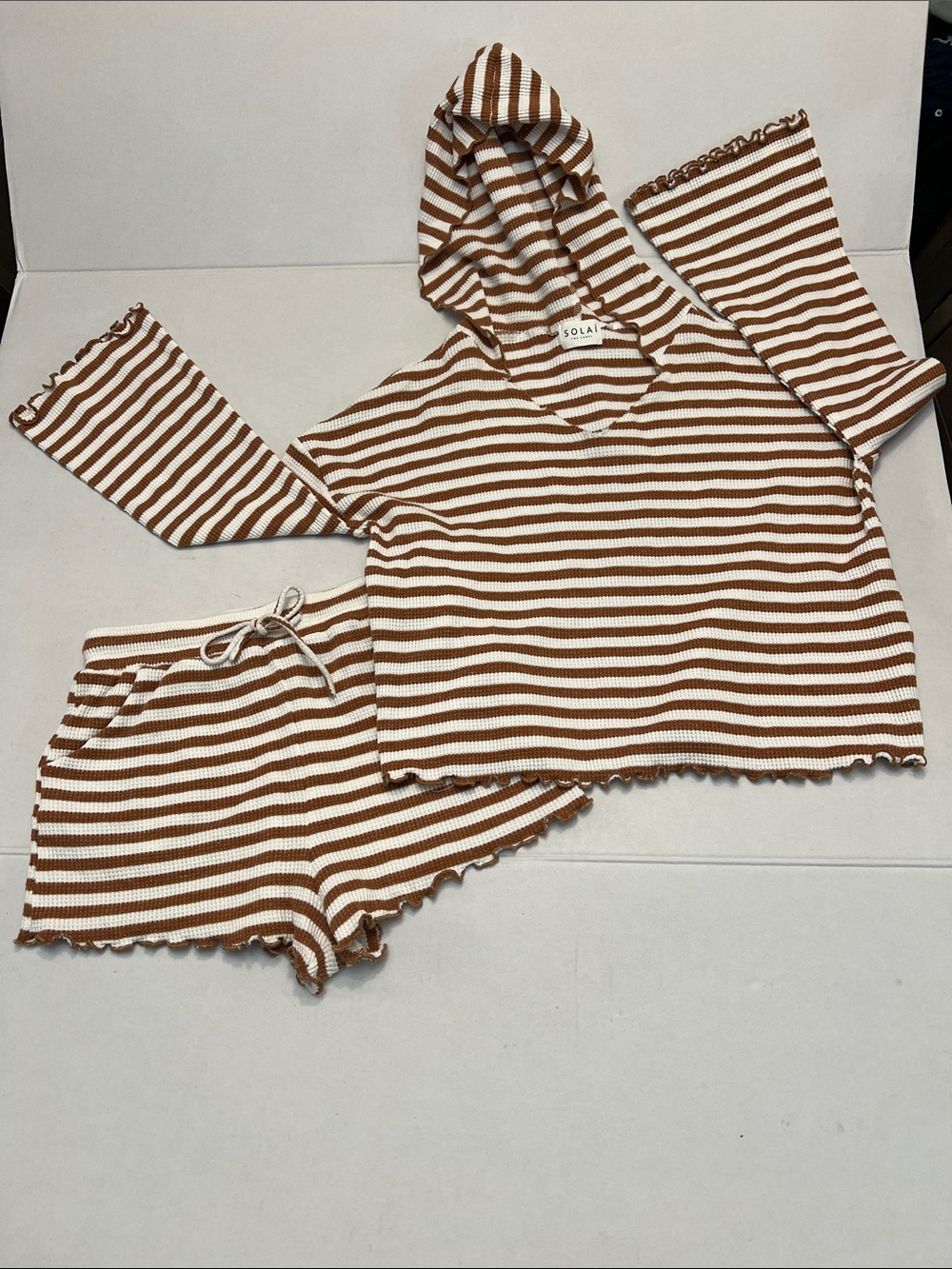 Solai The Label Womens Hoodie & Shorts Brown & Cream Striped Waffle Knit set